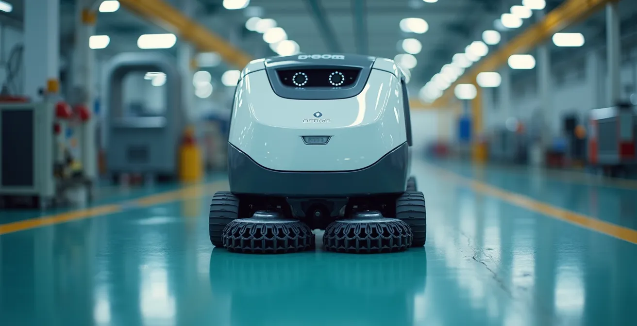 Close-up of a modern robot cleaning machine operating in an industrial setting