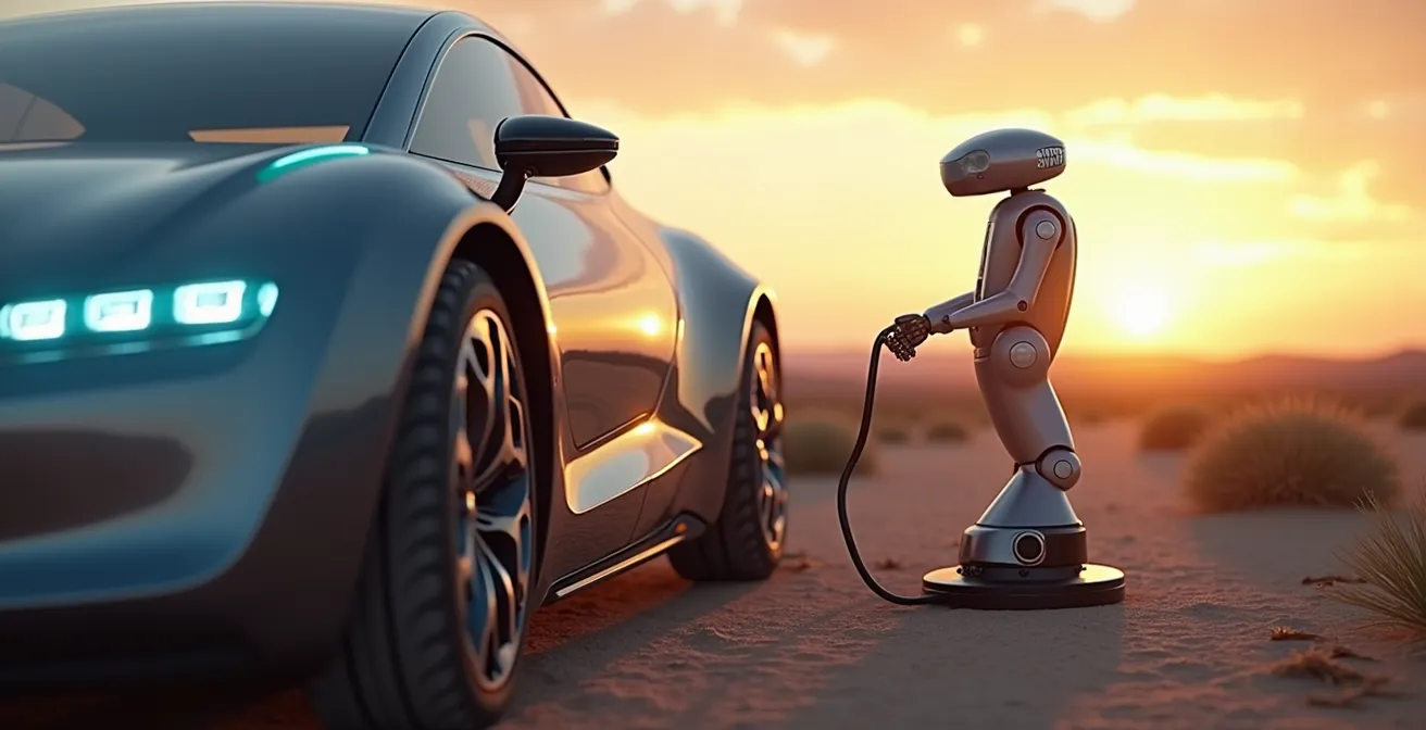 A futuristic autonomous mobile charging station with robotic arms servicing electric vehicles in a remote location