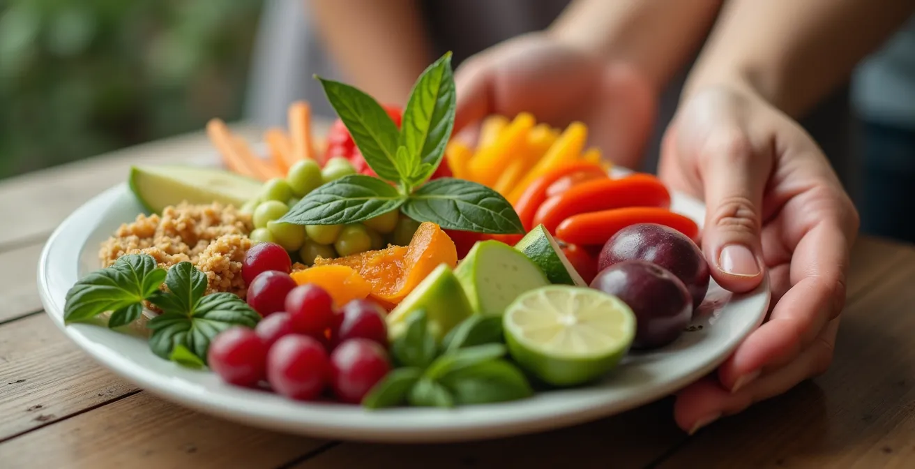 Close-up photo of a balanced meal with fruits, vegetables, and proteins alongside a comforting hand-holding gesture
