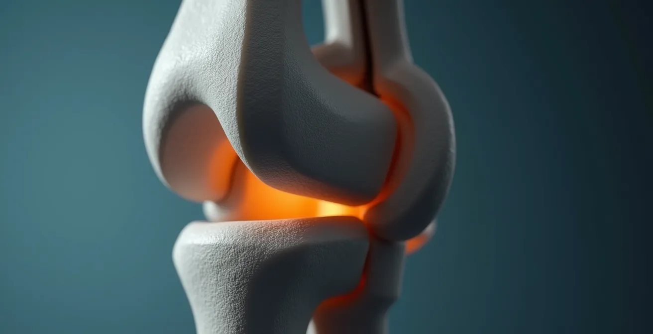Macro shot detail of metallic and plastic components of a knee prosthesis showing texture and joint structure