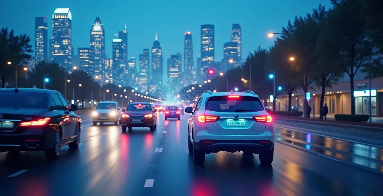 Environmental concept shot of interconnected vehicles with glowing lines symbolizing IoT communication in a smart city