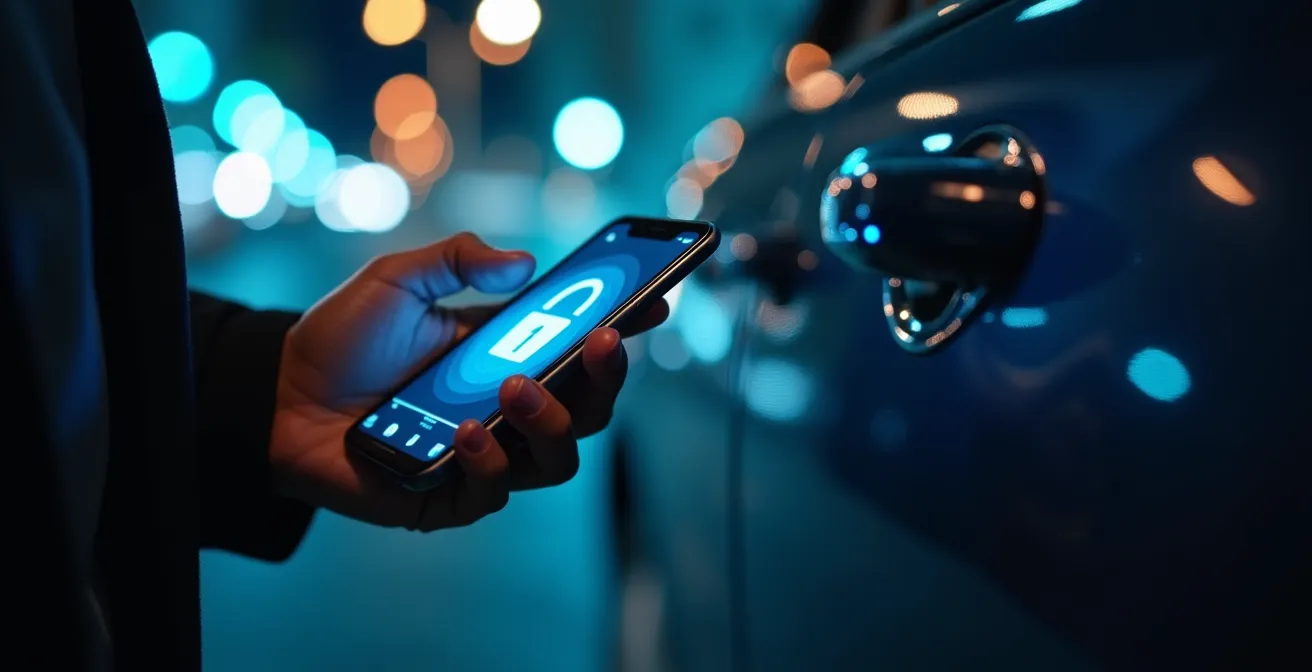 Macro detail of a hand unlocking a rental car door using a mobile app, symbolizing contactless rental technology