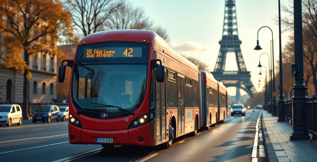Photographic view of Bus 42 approaching the Eiffel Tower with sunlight highlighting architectural details