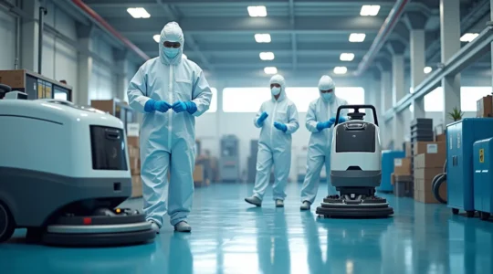 High-tech industrial cleaning environment showcasing workers using advanced cleaning equipment with safety gear