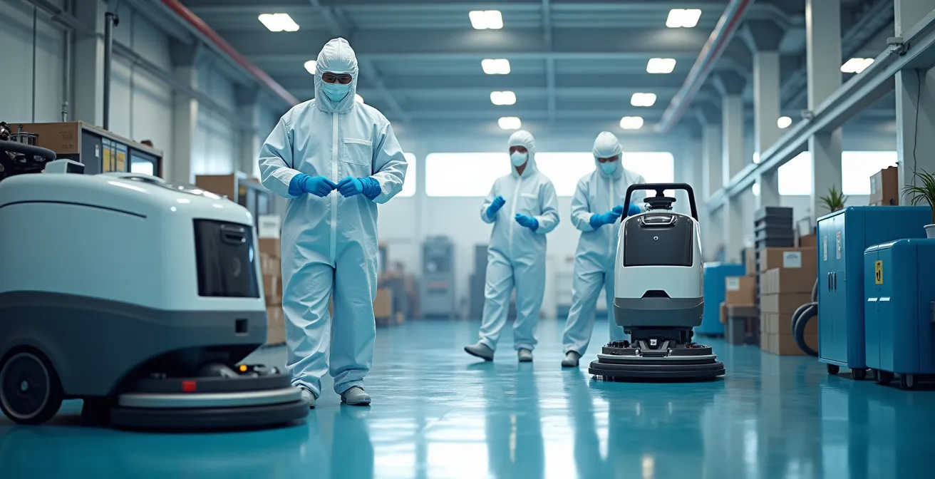 High-tech industrial cleaning environment showcasing workers using advanced cleaning equipment with safety gear
