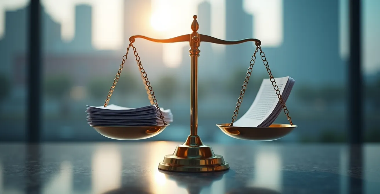 Symbolic image of scales balancing legal documents and a shining clean industrial facility