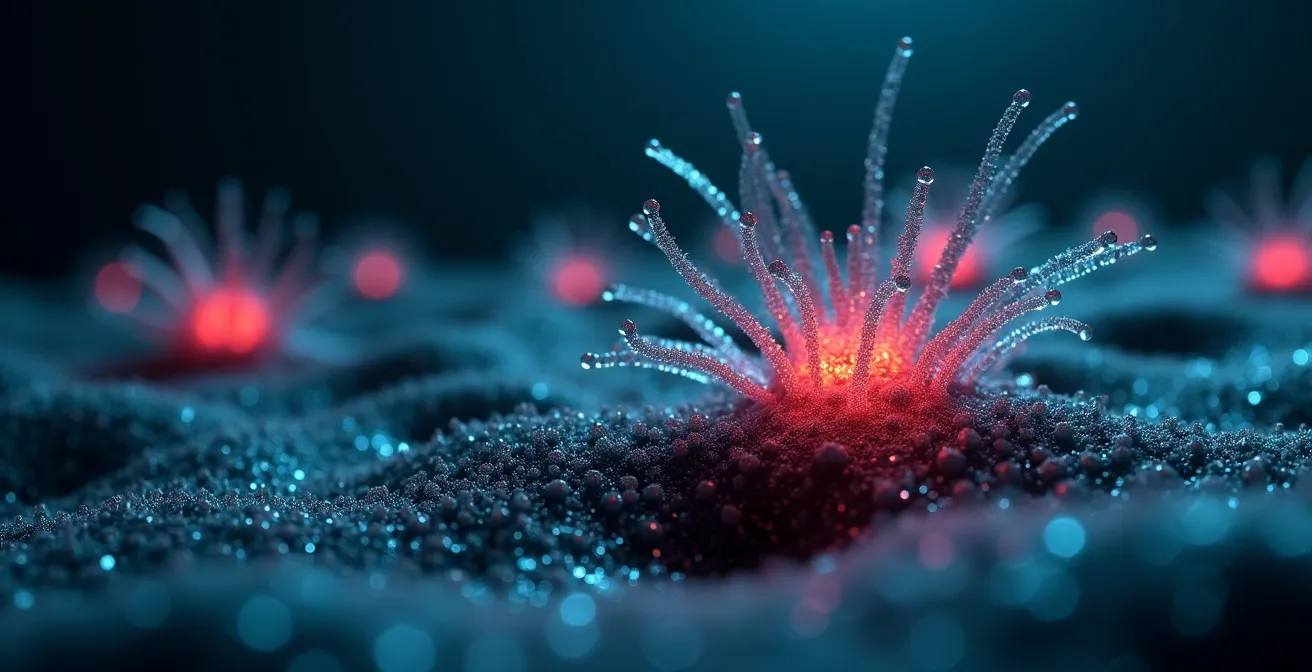 Conceptual microscopic view of microbial contamination on industrial surfaces