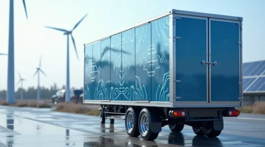 A futuristic mobile energy storage unit on wheels parked at an industrial site with renewable energy sources in the background