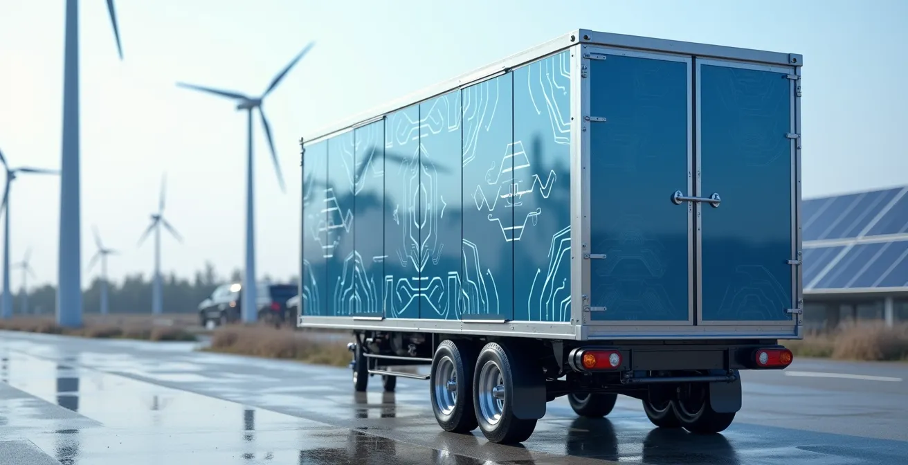 A futuristic mobile energy storage unit on wheels parked at an industrial site with renewable energy sources in the background