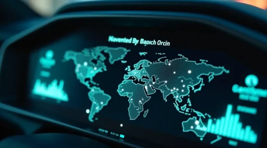 A symbolic close-up shot of a futuristic car dashboard displaying digital data overlays representing fleet management and automation