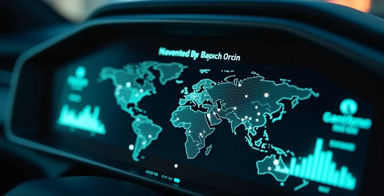 A symbolic close-up shot of a futuristic car dashboard displaying digital data overlays representing fleet management and automation