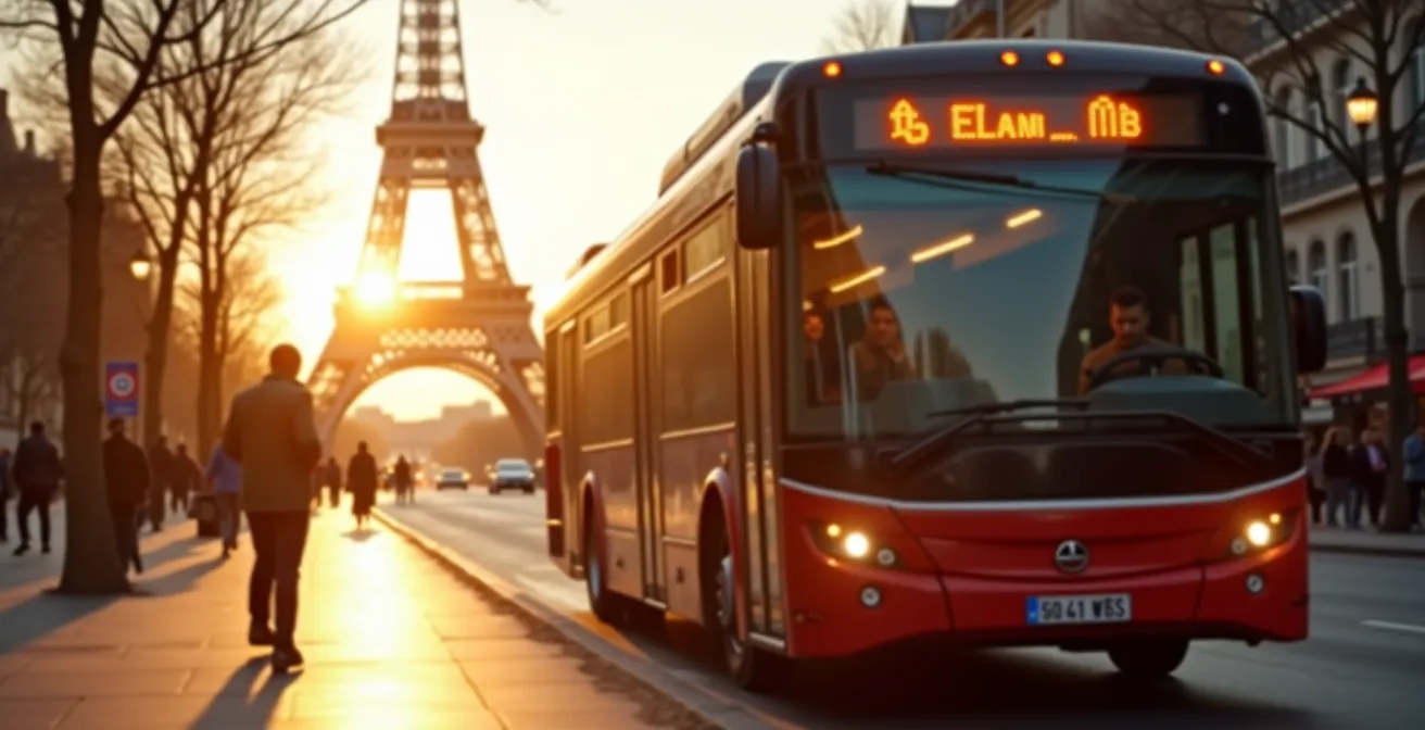 A photographic scene capturing a Parisian city bus passing by the Eiffel Tower with late afternoon natural lighting