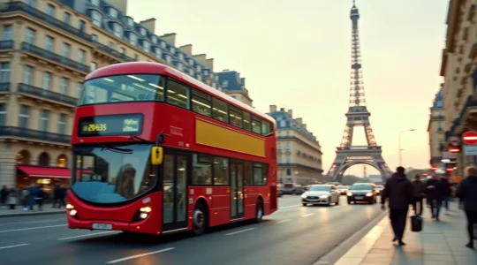 A detailed photo-realistic image showing a double-decker bus in Paris with iconic landmarks in the background, clean composition with natural light, subtle film grain and tactile textures, rule of thirds composition