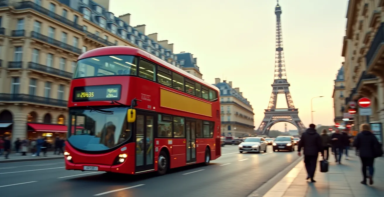 A detailed photo-realistic image showing a double-decker bus in Paris with iconic landmarks in the background, clean composition with natural light, subtle film grain and tactile textures, rule of thirds composition