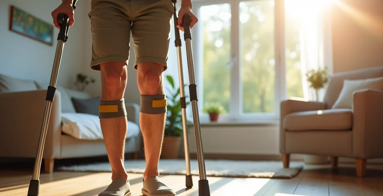 Person performing knee rehabilitation exercises using assistive devices in bright indoor home setting