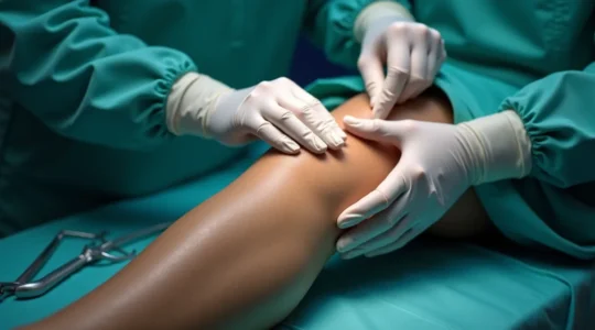 Realistic, editorial-grade image capturing the essence of knee surgery including patient preparation and recovery, with natural lighting and clean background