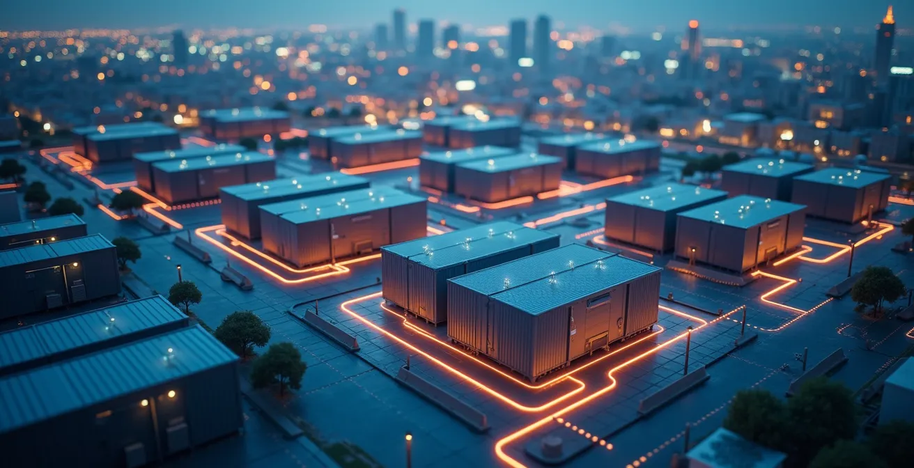An aerial view of interconnected mobile energy storage units forming a virtual power plant network across an urban landscape
