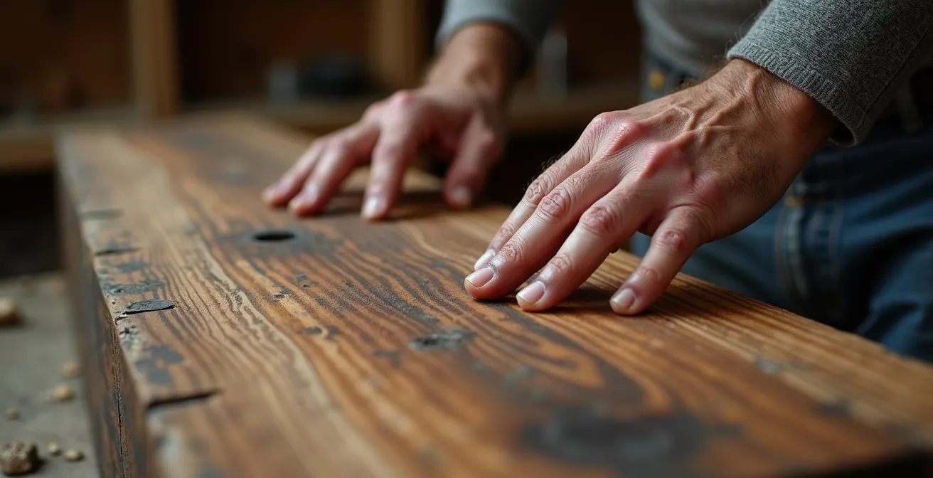 Close-up of skilled craftsman's hands working with reclaimed wood showing craftsmanship and material character