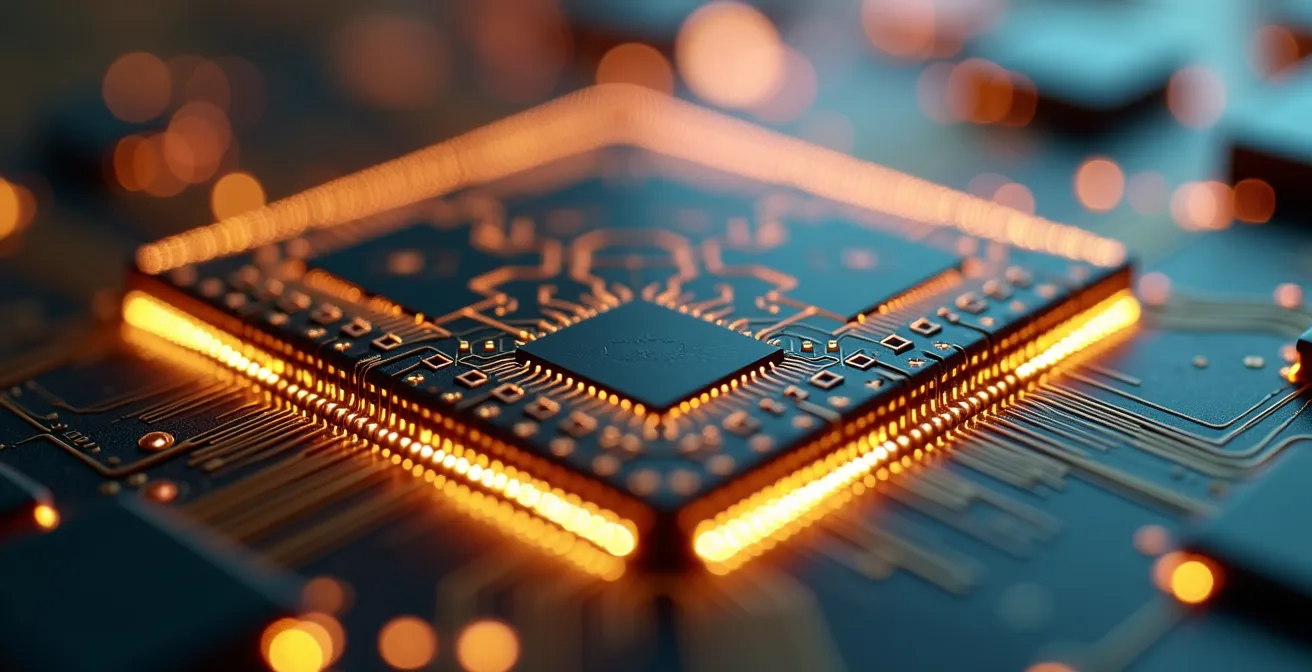 Close-up view of FPGA chiplet architecture showing interconnects