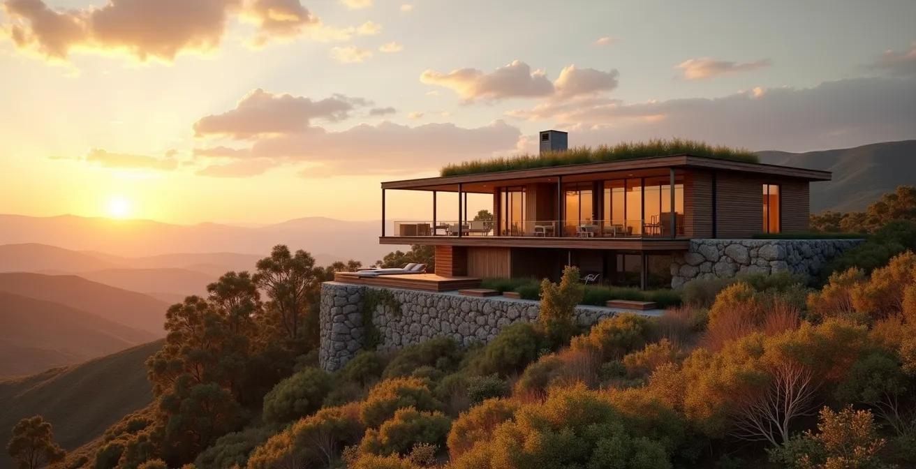 Wide architectural view of sustainable home seamlessly integrated with natural landscape