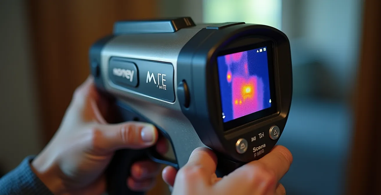 Inspector using infrared camera to detect heat loss patterns in home walls