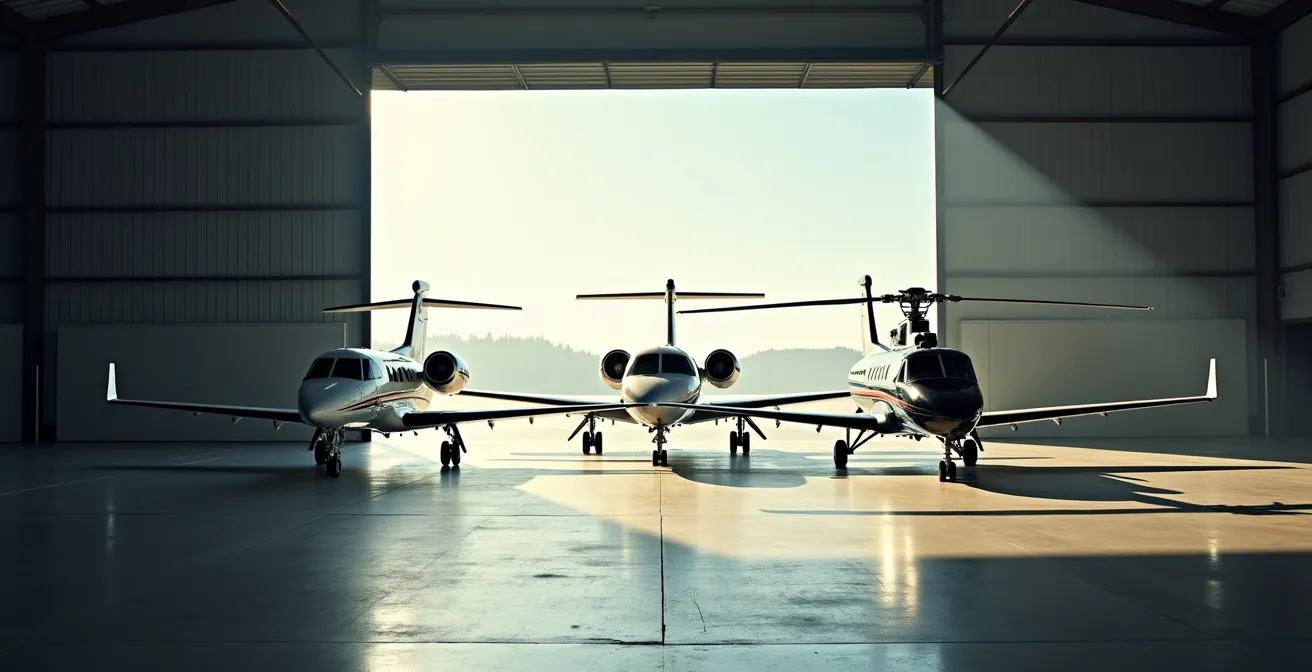 Wide angle view of multiple aircraft types in hangar representing different aviation career paths