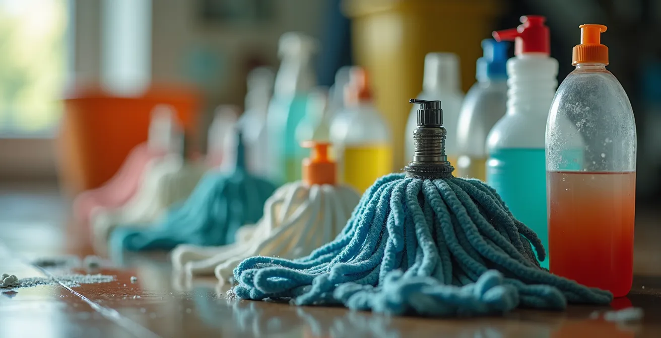 Close-up of worn cleaning supplies showing material waste