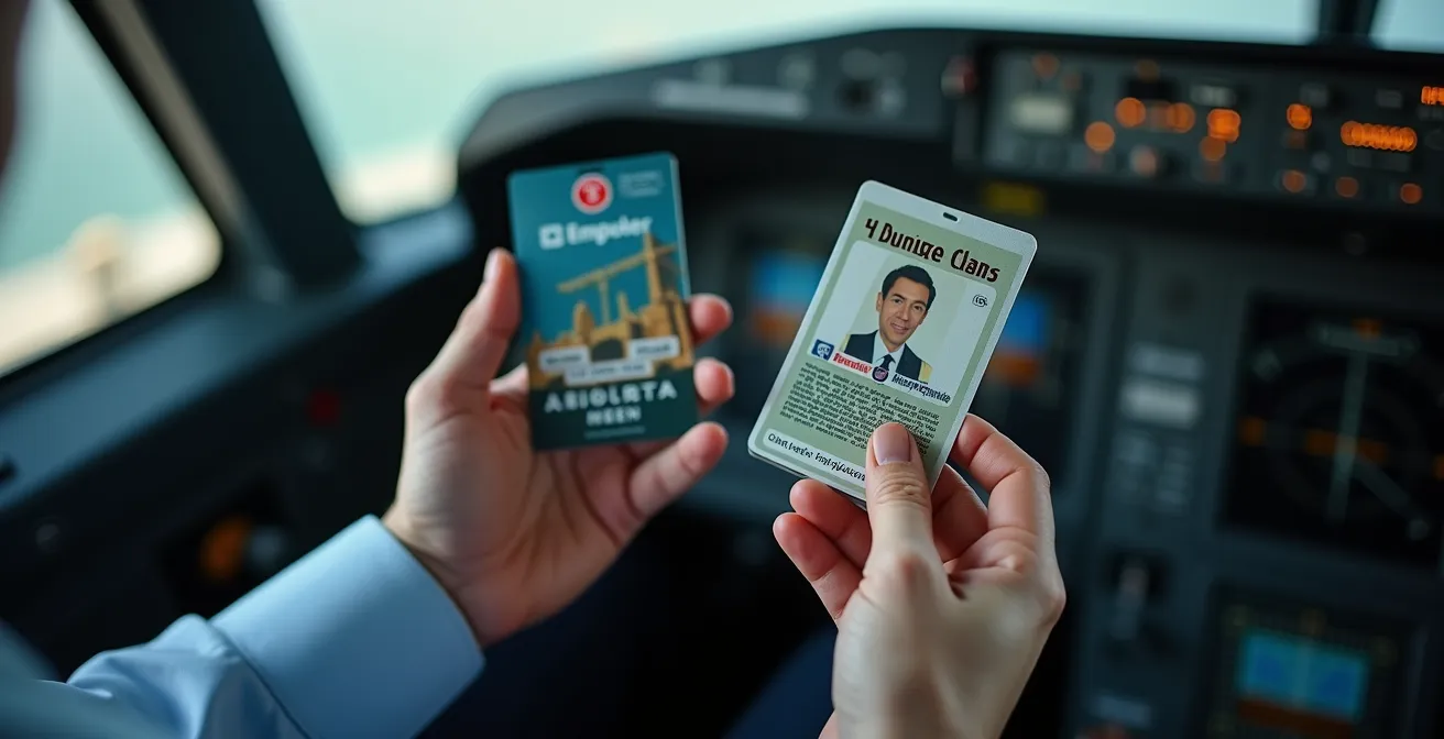 Close-up of pilot's hands holding two different airline ID badges, representing career transitions