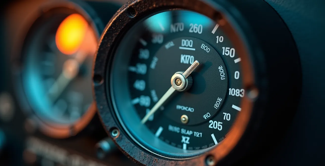 Extreme close-up of aircraft altimeter showing pressure readings as metaphor for mental pressure