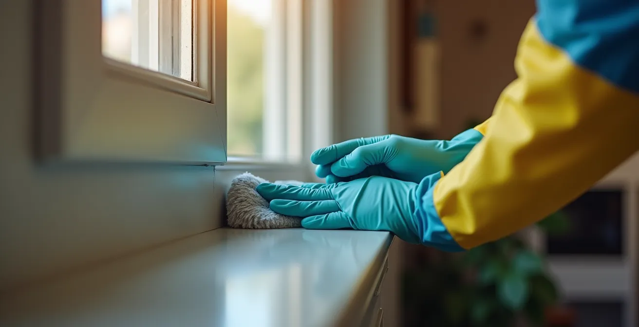 Professional cleaner's hands performing detailed cleaning work