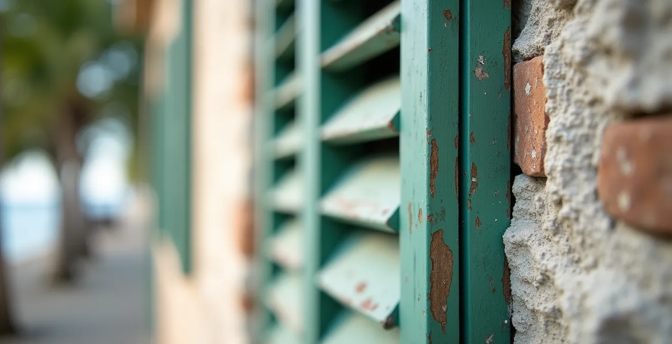 Close-up of traditional limestone wall with weathered green wooden shutters showing authentic construction details