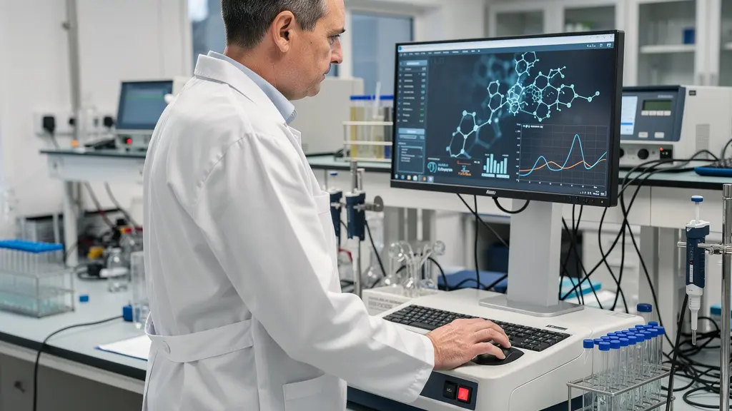 Research scientist observing molecular analysis in biotechnology laboratory (glycoscience research)