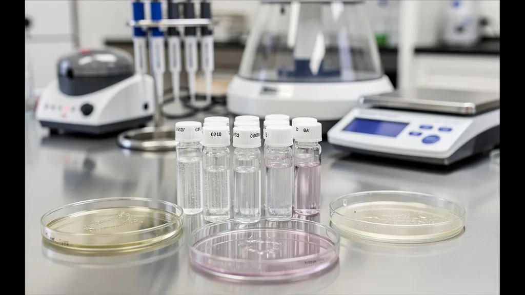 Organized biotechnology laboratory workspace with research vials and analytical equipment for carbohydrate analysis