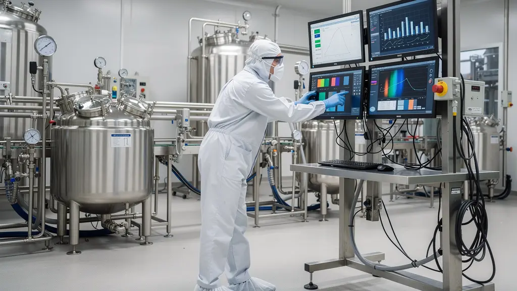 Quality control inspection in pharmaceutical production facility for drug formulation development