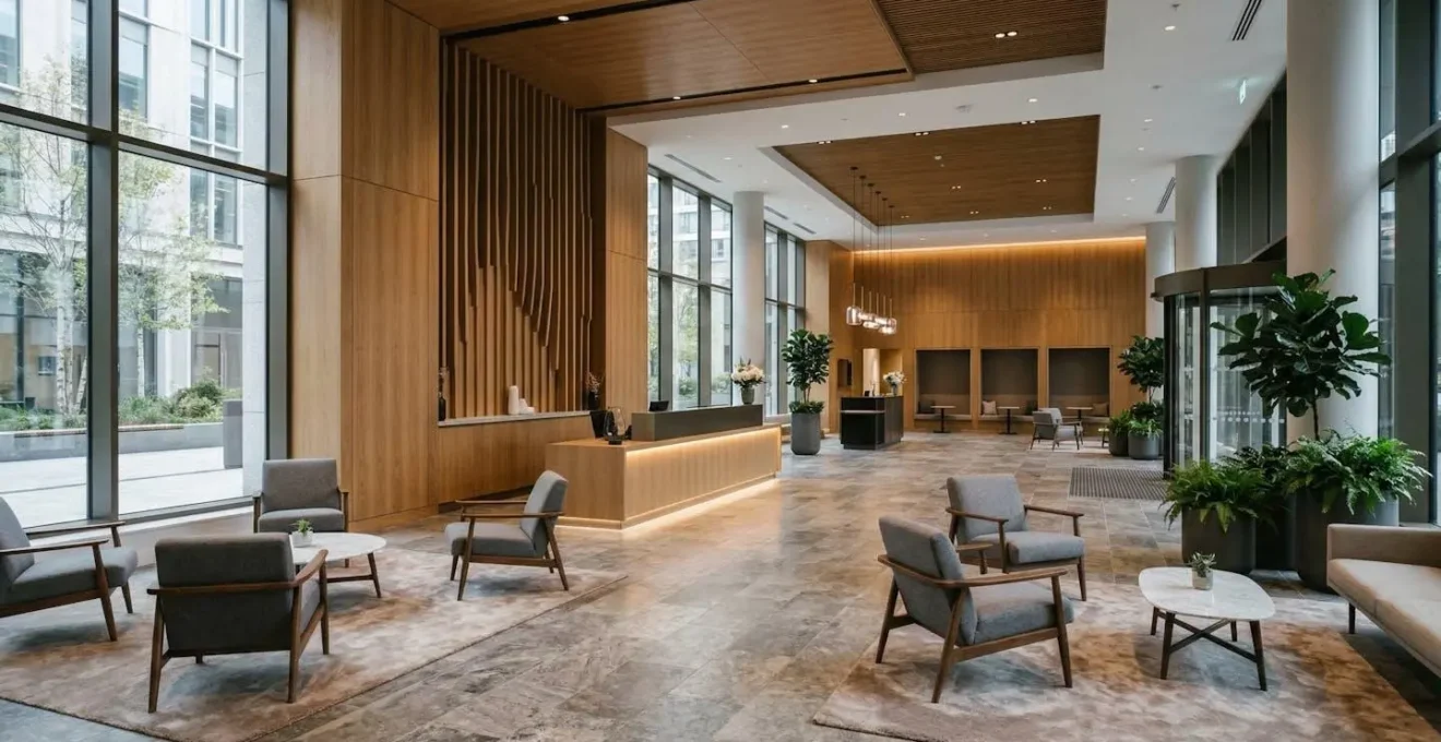 Modern commercial lobby interior featuring WPC wall cladding and SPC flooring installation