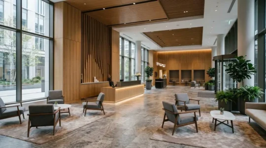 Modern commercial lobby interior featuring WPC wall cladding and SPC flooring installation
