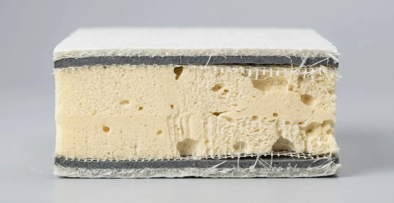 Detailed cross-section of composite building panel showing internal layer structure