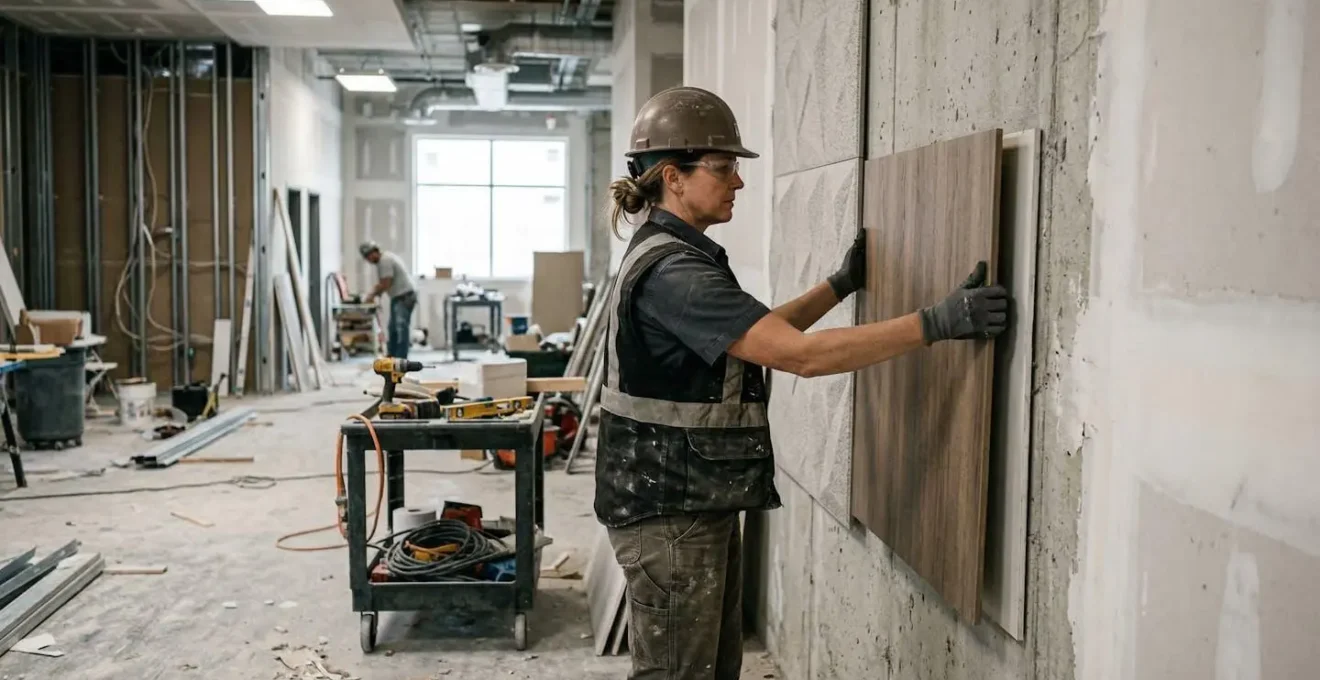 Professional contractor examining decorative panel samples against wall surface