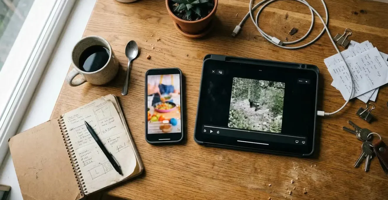 Smartphone and tablet displaying different video format versions on workspace desk