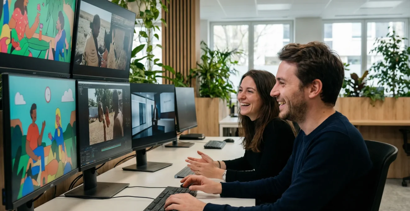 Équipe communication analysant des vidéos aux cohérence de marque disparates sur écrans multiples