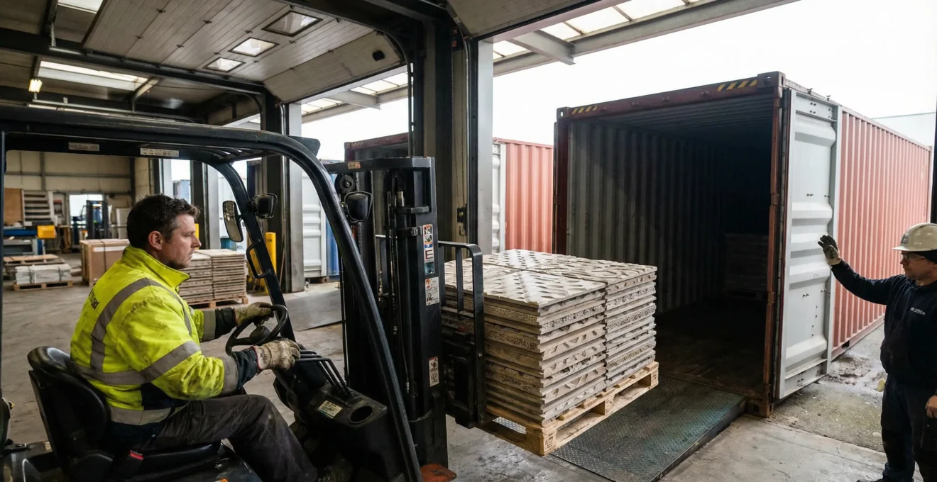 Forklift operator loading palletized building materials into shipping container at warehouse