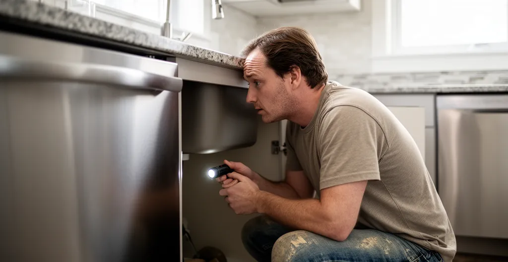 Homeowner checking under kitchen sink for plumbing leak assessment