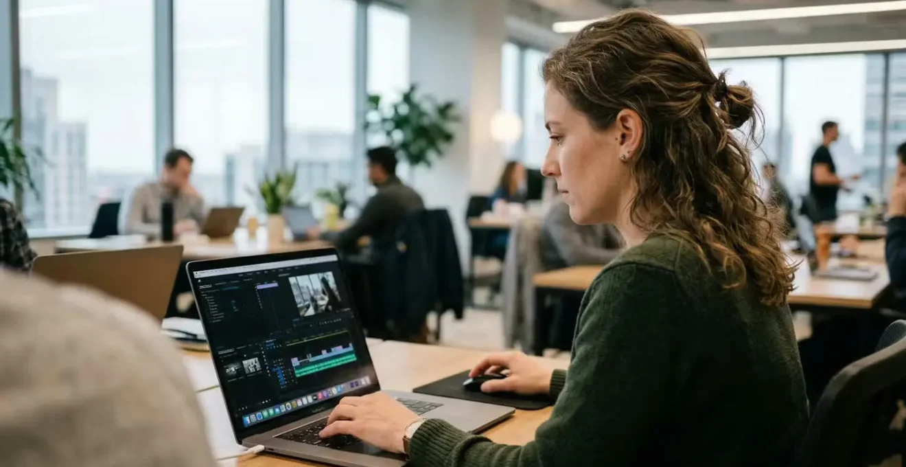 Marketing professional editing video timeline on laptop in modern office