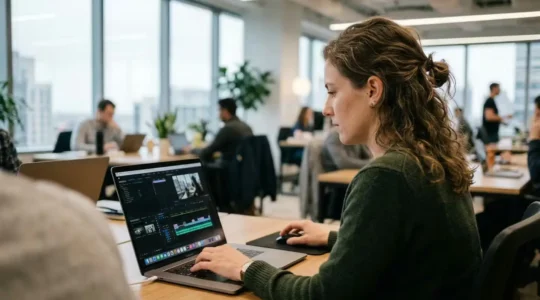 Marketing professional editing video timeline on laptop in modern office