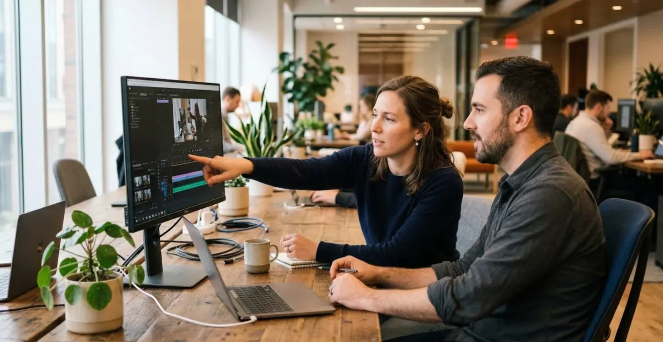 Marketing professionals reviewing video timeline on large monitor in modern office