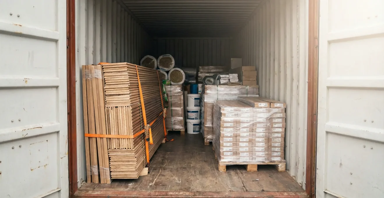 Interior view of shipping container loaded with mixed decorative panels and flooring products