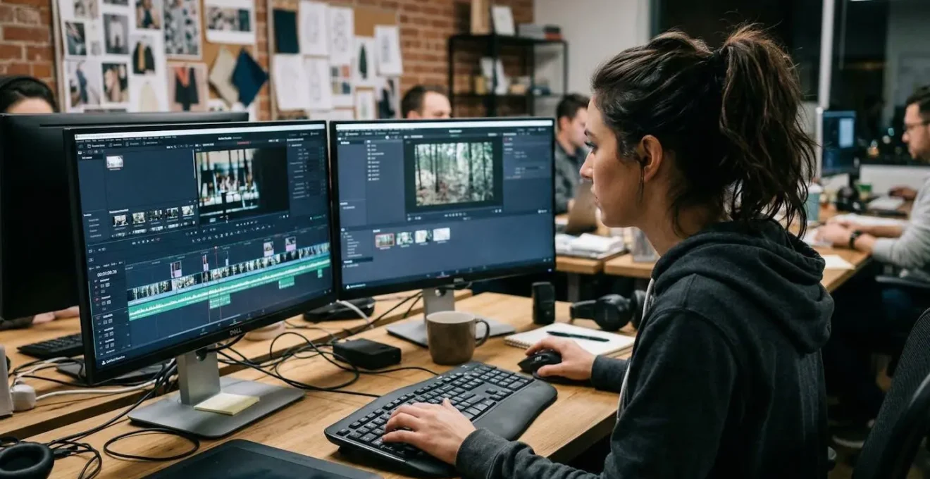 Creative professional at video editing workstation showing workflow bottleneck