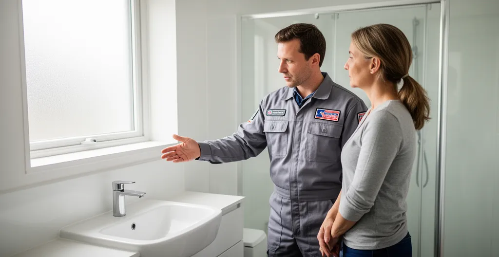 Licensed plumber consulting with homeowner about repair options