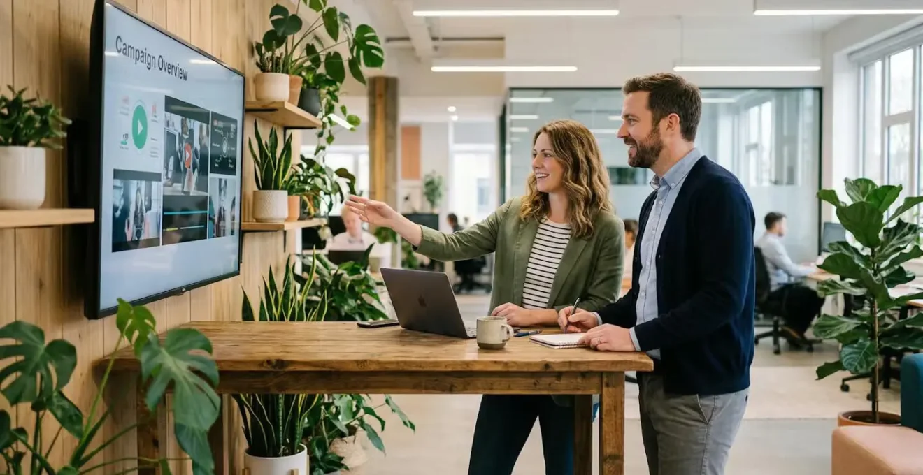 Two marketing colleagues reviewing video content together on monitor