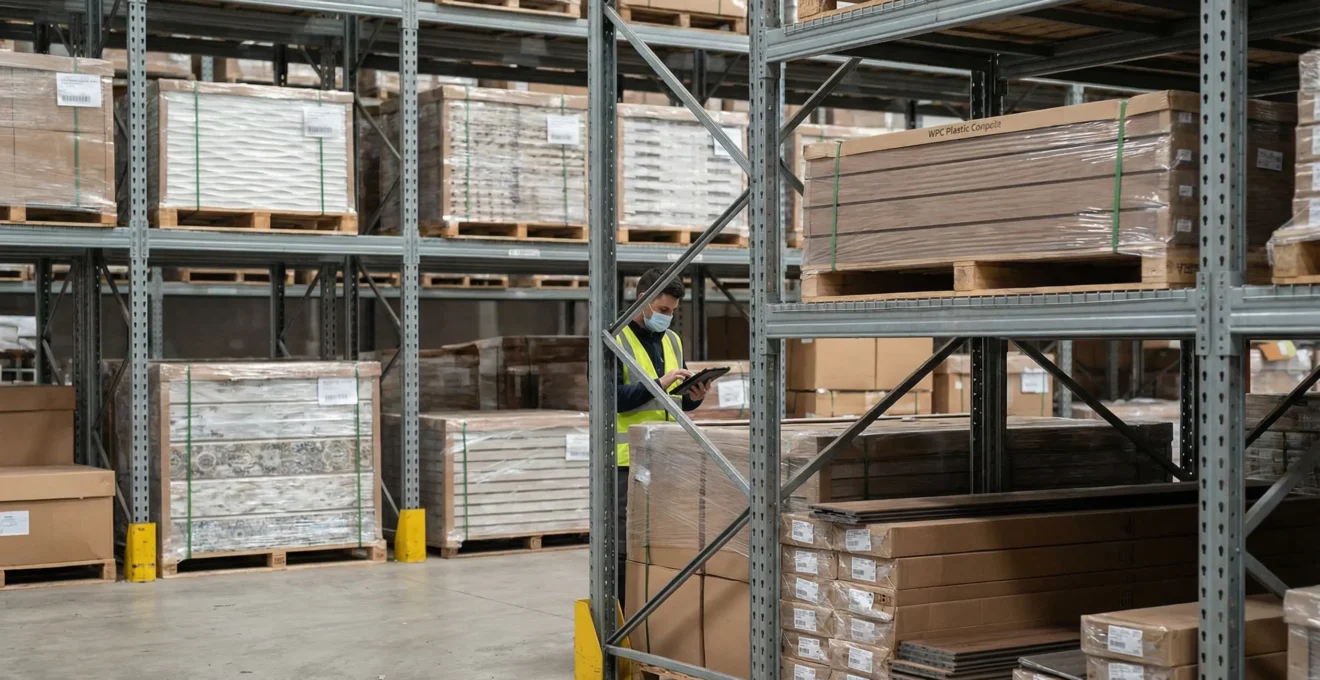 Distribution warehouse interior with palletized WPC and SPC flooring materials on shelving